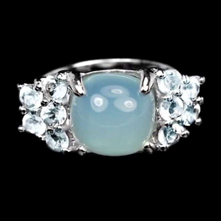 10 Natural Unheated Blue Topaz and Blue Chalcedony in Solid .925 S/ Silver Ring Size 7 or O