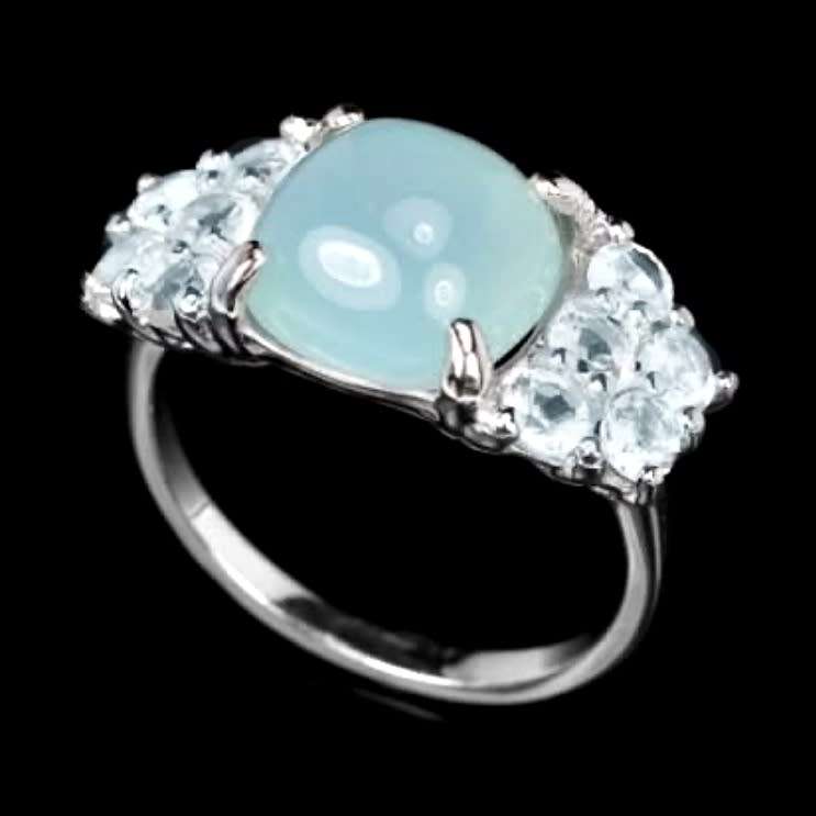 10 Natural Unheated Blue Topaz and Blue Chalcedony in Solid .925 S/ Silver Ring Size 7 or O
