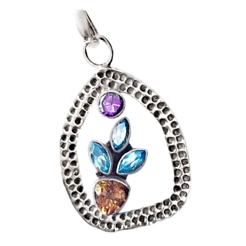 Israeli - Natural Blue Topaz, Amethyst and Citrine set in Solid .925  Sterling Silver Pendant
