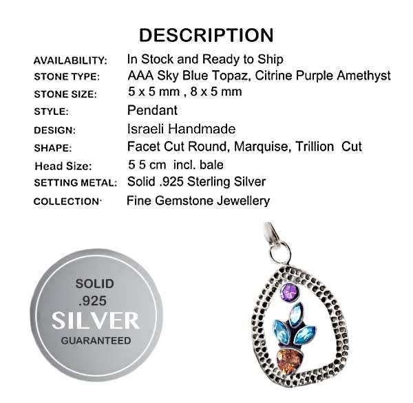 Israeli - Natural Blue Topaz, Amethyst and Citrine set in Solid .925  Sterling Silver Pendant