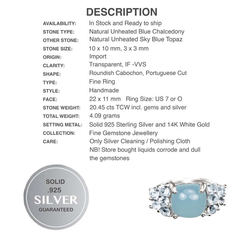 10 Natural Unheated Blue Topaz and Blue Chalcedony in Solid .925 S/ Silver Ring Size 7 or O