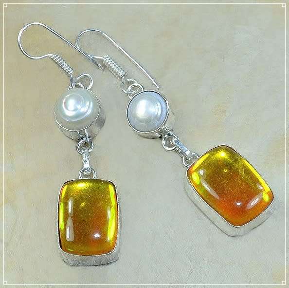 Madagascar Fiery Topaz and White River Pearl Gemstone set in .925 Sterling Silver Plated Earrings