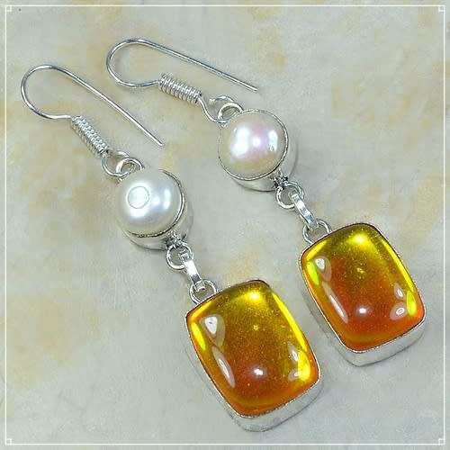 Madagascar Fiery Topaz and White River Pearl Gemstone set in .925 Sterling Silver Plated Earrings