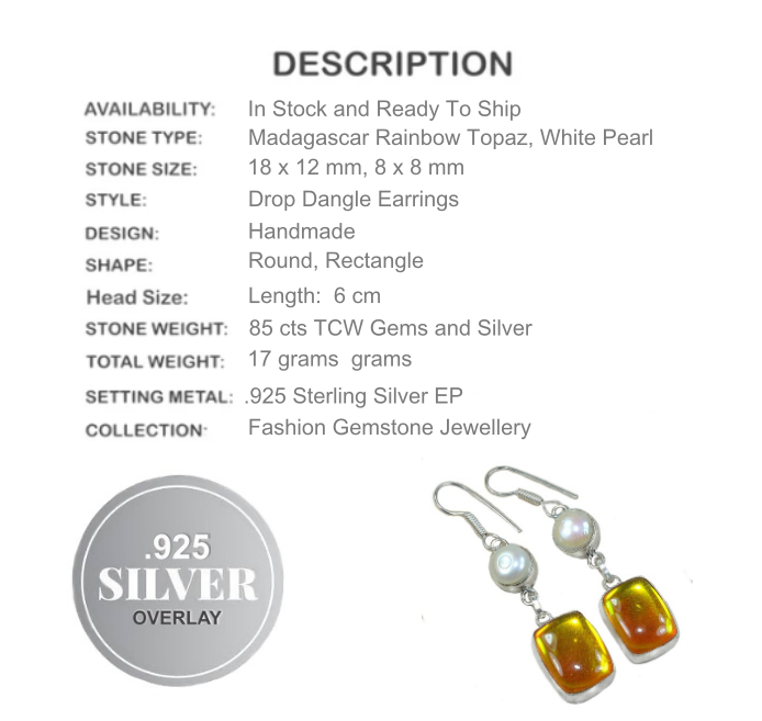 Handmade Madagascar Fiery Topaz and White River Pearl Gemstone .925  Silver Earrings
