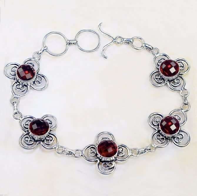 Round Faceted Garnet Gemstones set in .925 Sterling Silver Plated Handmade Floral Setting Bracelet