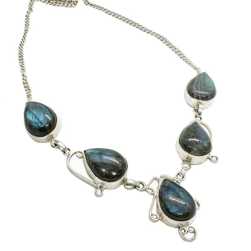 Natural Labradorite Pear Shape Gemstones in 925 Sterling Silver Plated Handmade Necklace