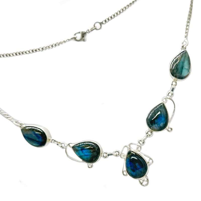 Natural Labradorite Pear Shape Gemstones in 925 Sterling Silver Plated Handmade Necklace