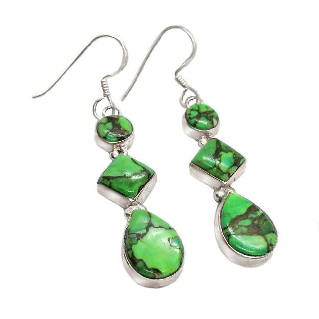 Natural Copper Green Turquoise Gemstones set in Solid .925 Sterling Silver Earrings