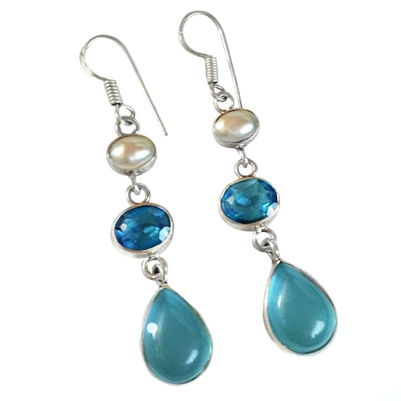 Blue Topaz, White River Pearl, Chalcedony Gemstone in .925 Sterling Silver Plated Handmade Earrings