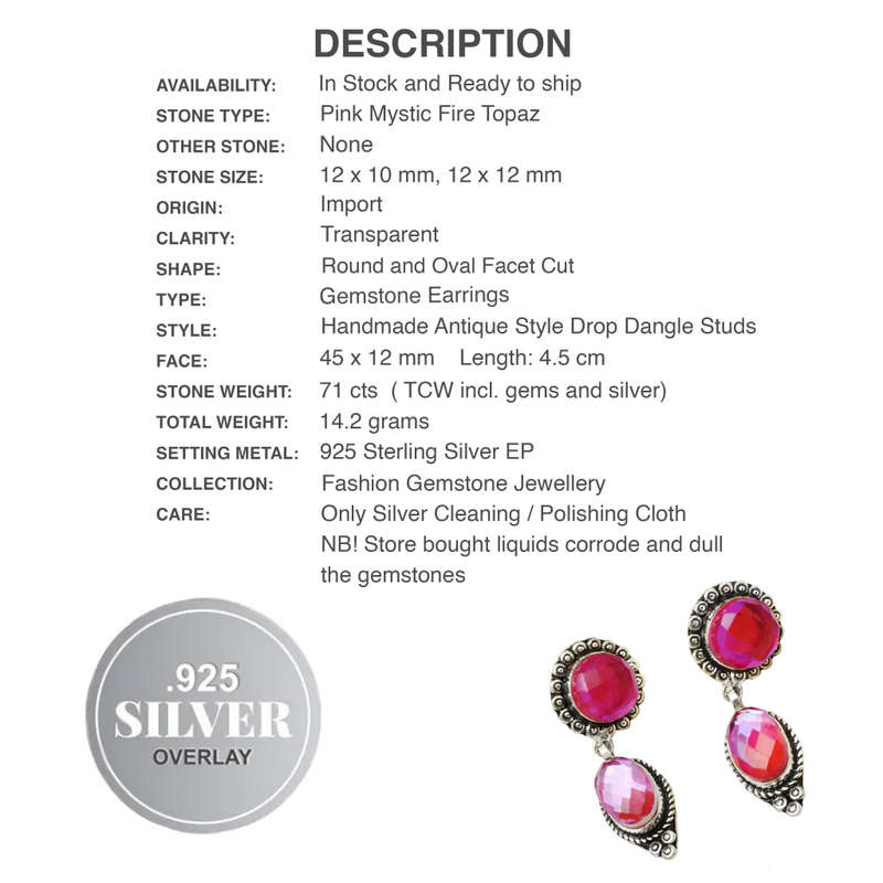 Handmade Aqua Pink Mystic Fire Topaz Gemstone .925 Sterling Silver Stud Earrings
