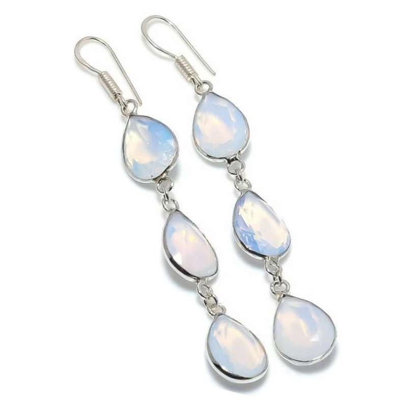 Opalite Pears Gemstone .925 Sterling Silver Plated Handmade Long Drop Dangle Earrings