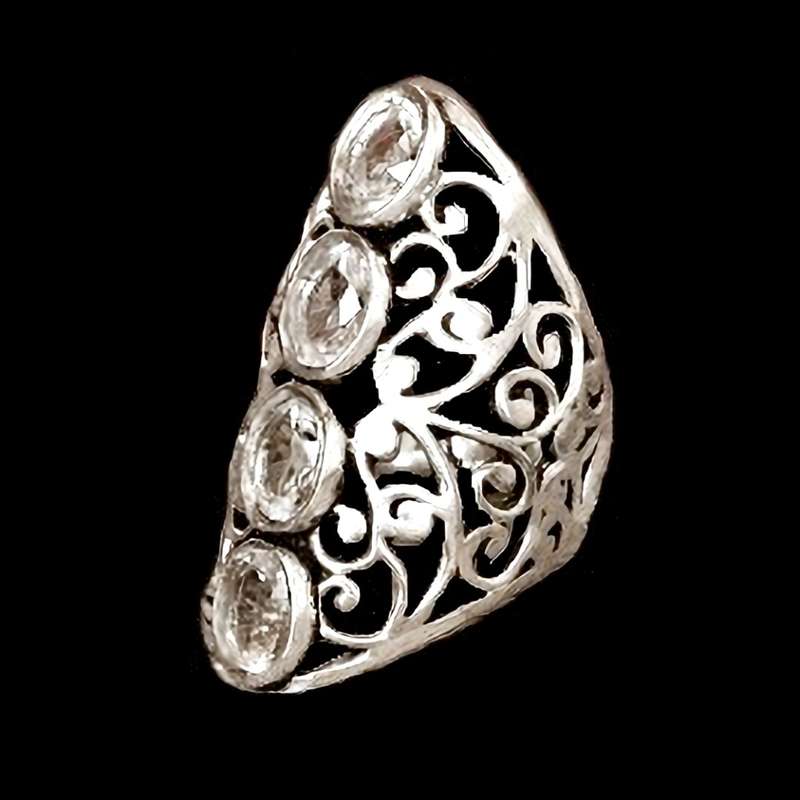 Handmade White Topaz Set in .925 Sterling Silver Plated Ornate Design Ring Size 8 or Q