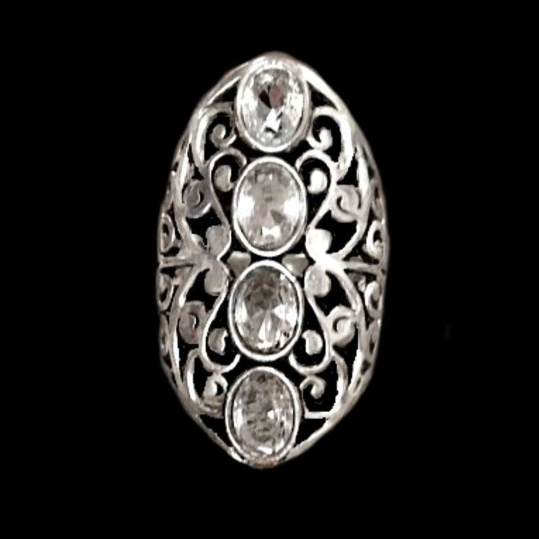 Handmade White Topaz Set in .925 Sterling Silver Plated Ornate Design Ring Size 8 or Q