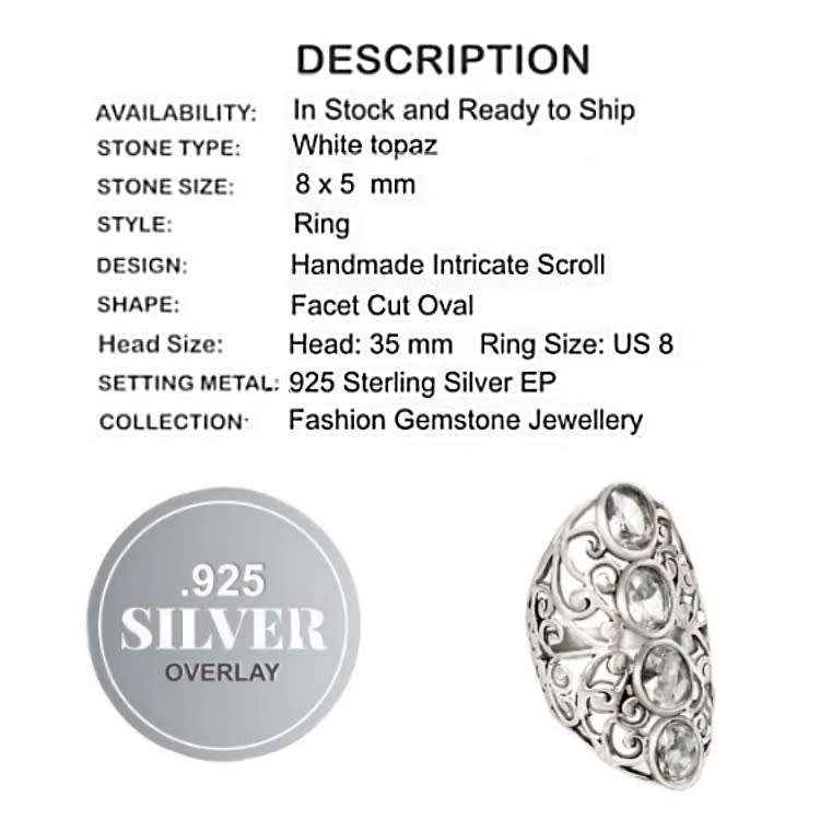 Handmade White Topaz Set in .925 Sterling Silver Plated Ornate Design Ring Size 8 or Q