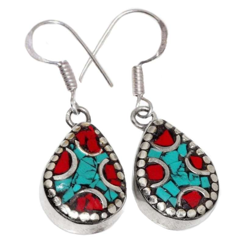 Handmade From Nepal Natural Turquoise Gemstone Pear Shape Tibetan Silver Earrings