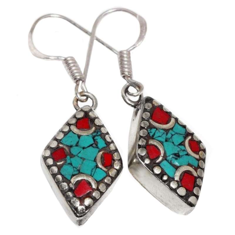 Handmade From Nepal Natural Turquoise Red Coral Gemstone Diamond Shape Tibetan Silver Earrings