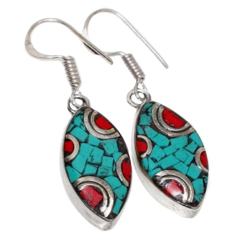 Handmade From Nepal Natural Turquoise Red Coral Gemstone Marquise Shape Tibetan Silver Earrings