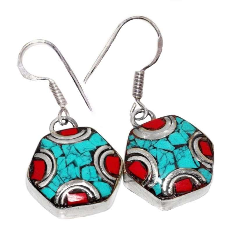 Handmade From Nepal Natural Turquoise Red Coral Gemstone Hexagonal Shape Tibetan Silver Earrings