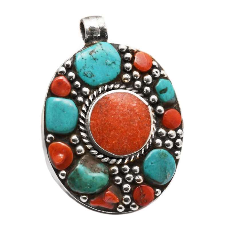 Handmade from Nepal Natural Turquoise, Coral Gemstone Oval set in Tibetan Silver Pendant