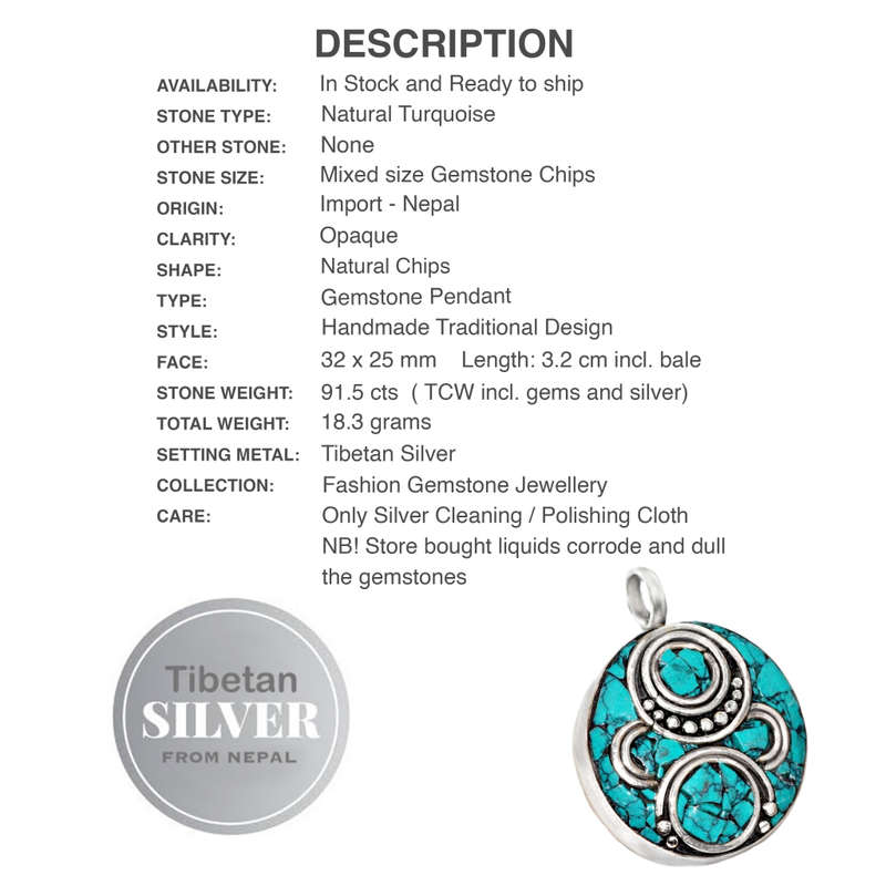 Handmade from Nepal Natural Turquoise, Coral Gemstone Round Pendant