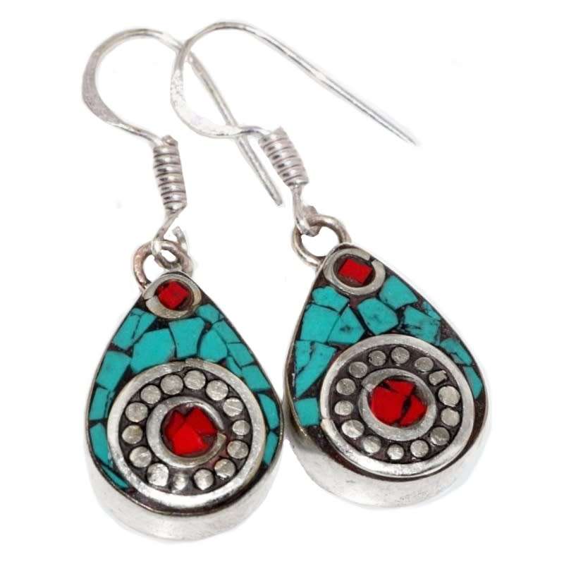 Handmade from Nepal Natural Turquoise, Coral Gemstone Round Pendant