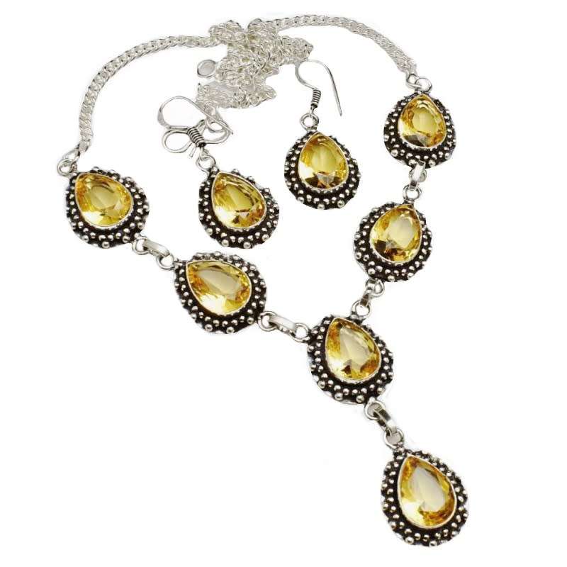 Antique Style Citrine Pears set .925 Sterling Silver Plated Handmade Necklace and Earrings Set