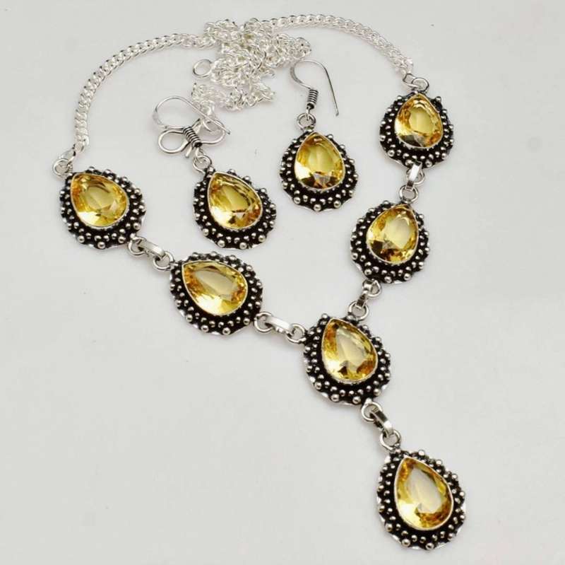 Antique Style Citrine Pears set .925 Sterling Silver Plated Handmade Necklace and Earrings Set