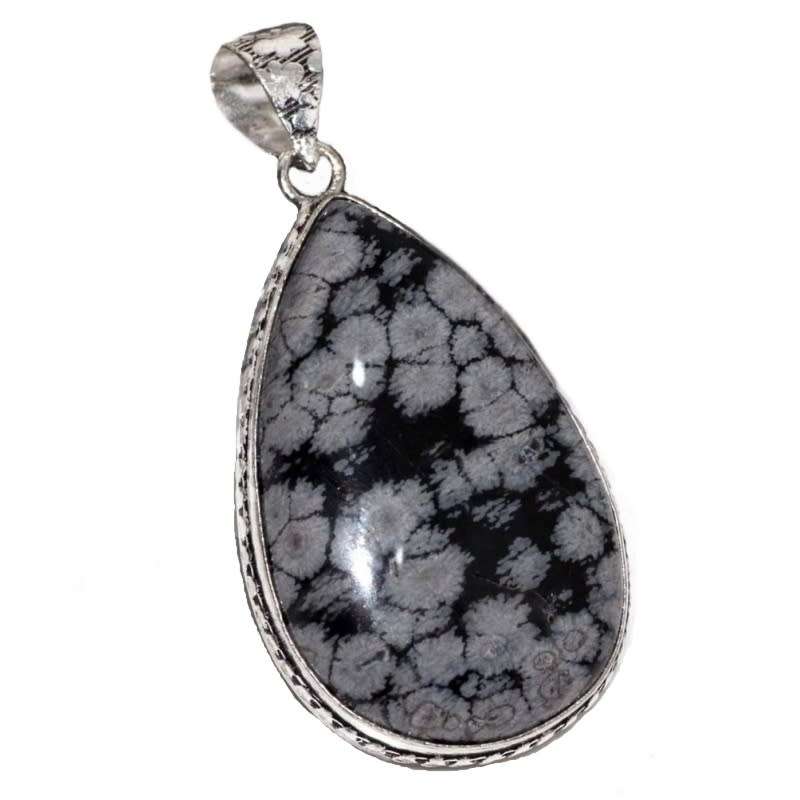 Handmade Natural Snowflake Obsidian Pear set in .925 Sterling Silver Plated Antique Style Pendant