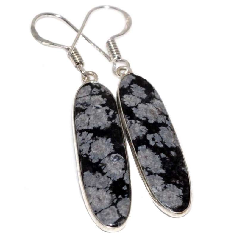 Natural Snowflake Obsidian Long Oval Gemstones set in .925 Sterling Silver Plated Handmade Earrings
