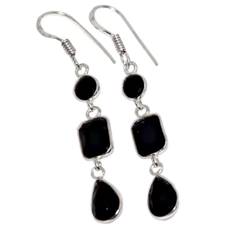 Faceted Black Onyx Mixed Shapes set in  925 Sterling Silver Plated Long Dainty Earrings