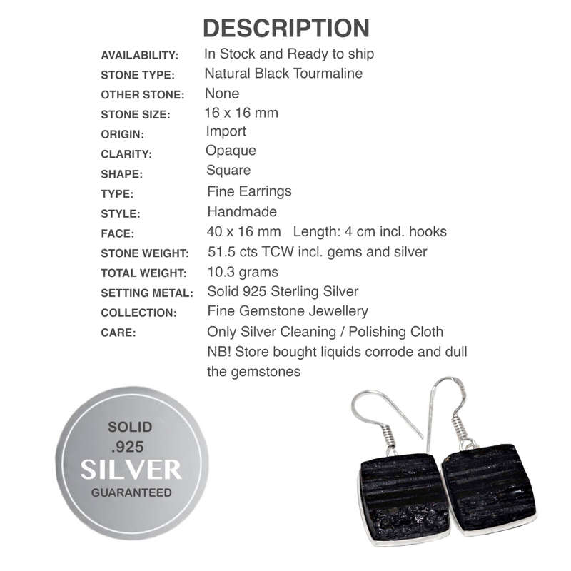Natural Black Tourmaline Rough Gemstone Solid .925 Sterling Silver Earrings