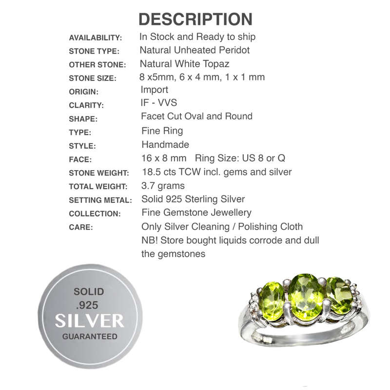 Deluxe Natural Unheated Peridot and White Topaz Solid .925 Sterling Silver Size 8 or Q
