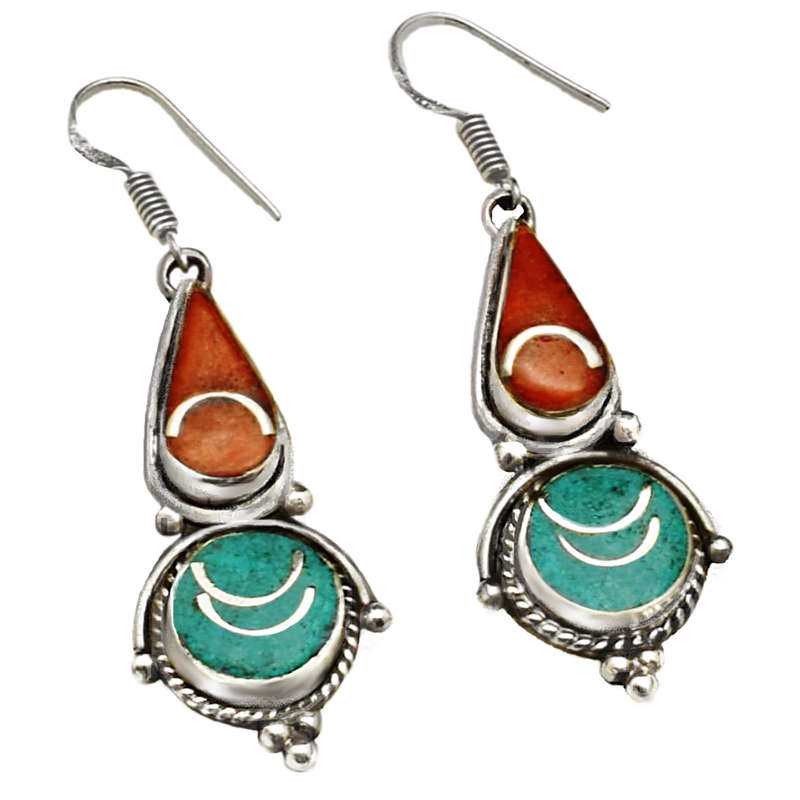 Handmade from Nepal Natural Turquoise Sponge Coral Gemstone set in Tibetan Silver Earrings