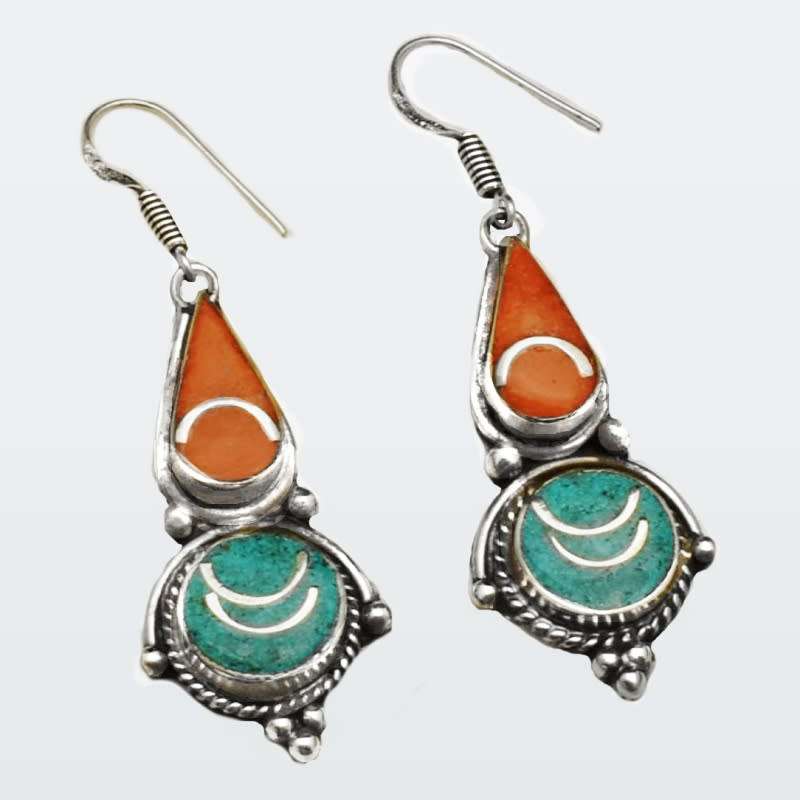 Handmade from Nepal Natural Turquoise Sponge Coral Gemstone set in Tibetan Silver Earrings