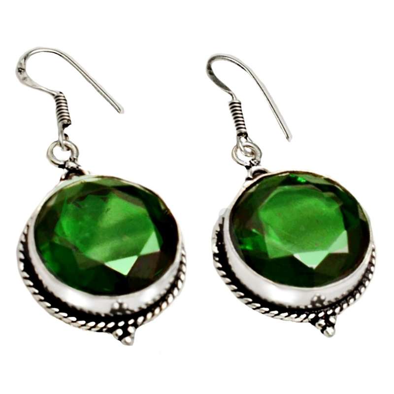 Faceted Round Emerald Quartz Gemstone set in 925 Sterling Silver Plated Handmade Earrings