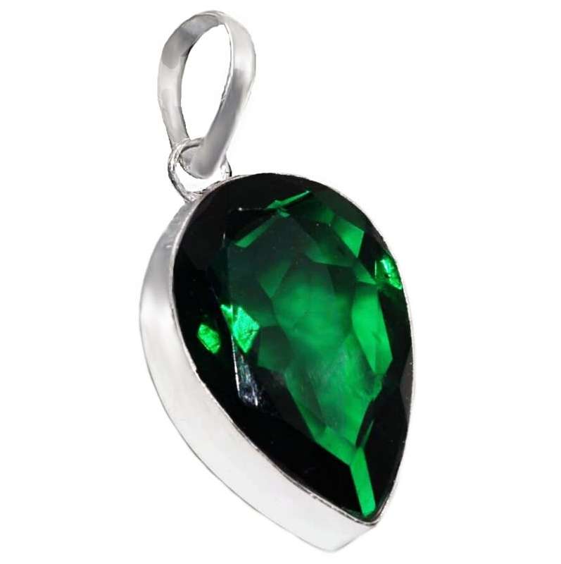 Handmade Emerald Quartz Pear Shape Gemstone set in 925 Sterling Silver Plated Pendant