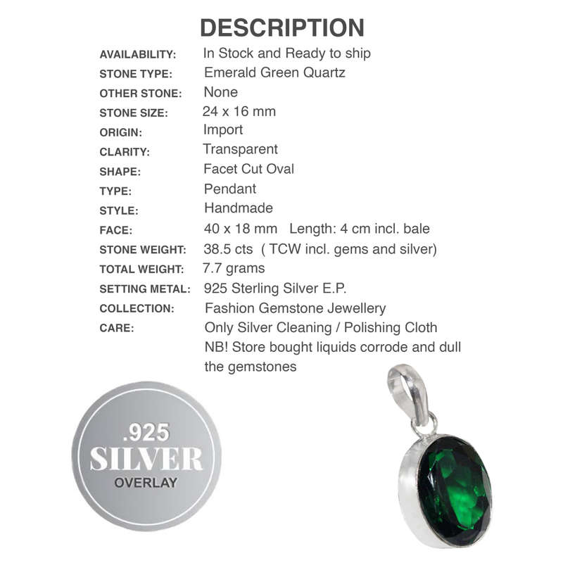 Handmade Emerald Quartz Oval Shape Gemstone  925 Sterling Silver Plated Pendant