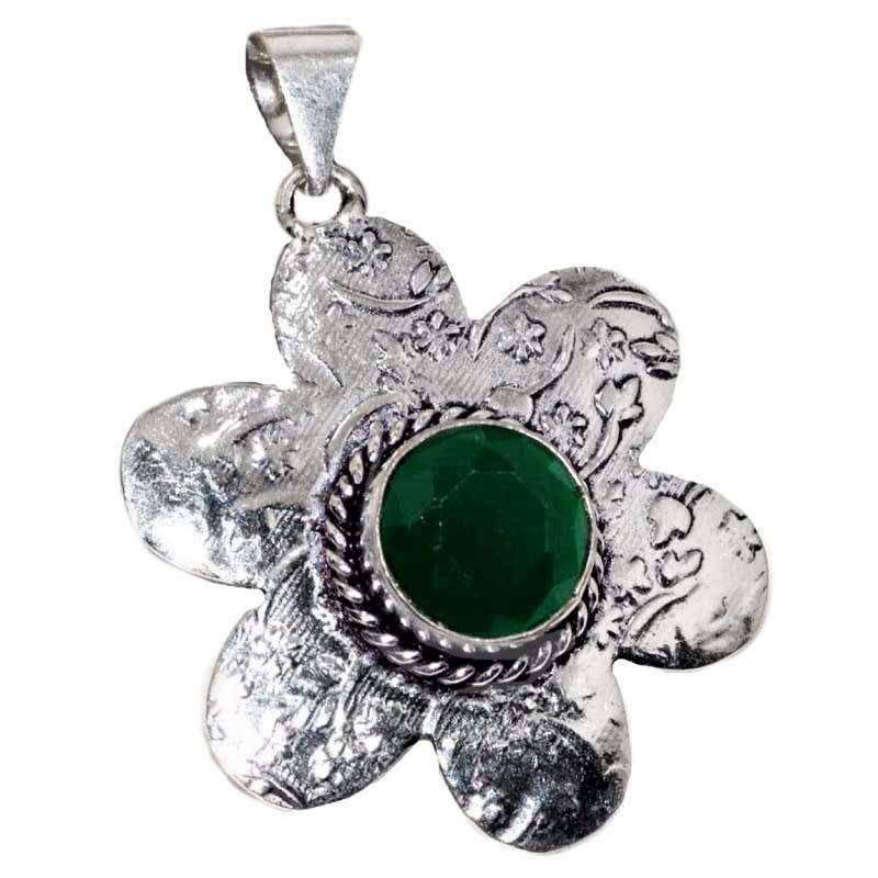 Natural Green Onyx Floral Shape Gemstone set in 925 Sterling Silver Plated Handmade Pendant