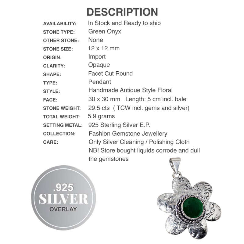 Natural Green Onyx Floral Shape Gemstone set in 925 Sterling Silver Plated Handmade Pendant