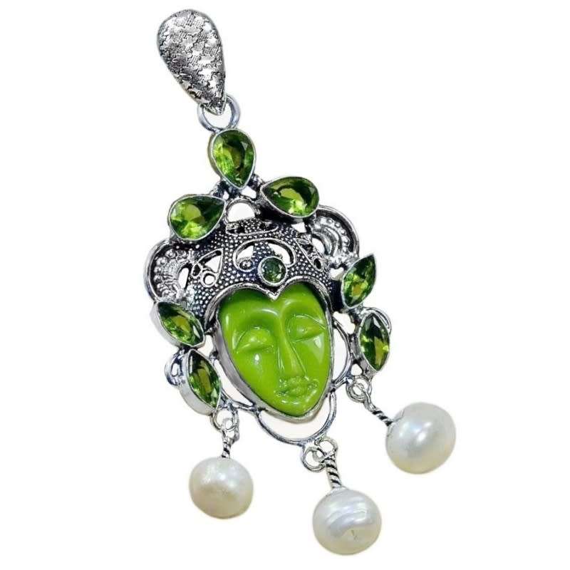Natural Biwa Pearl, Peridot, Carved Face Agate Gemstone 925 Sterling Silver Plated Pendant