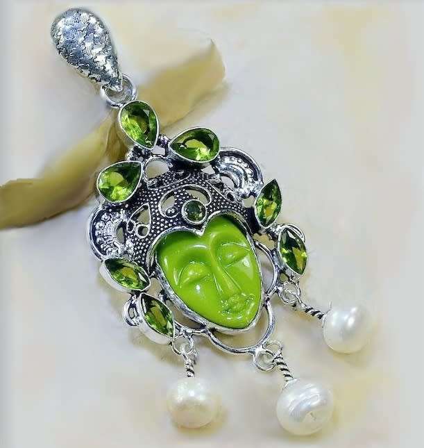 Natural Biwa Pearl, Peridot, Carved Face Agate Gemstone 925 Sterling Silver Plated Pendant