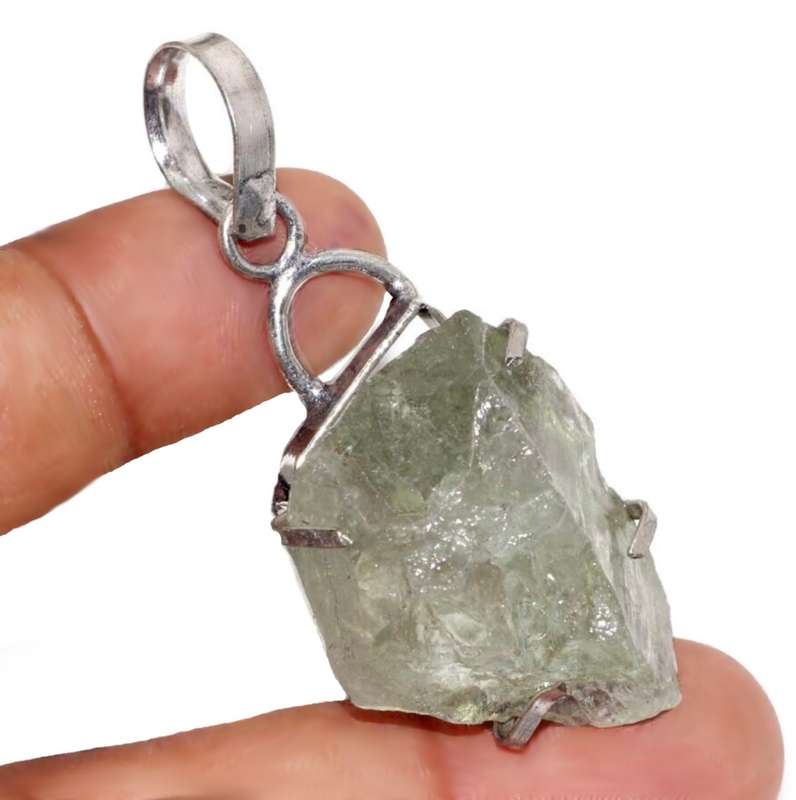 Natural Green Amethyst Rough Gemstone in 925 Sterling Silver Plated Handmade Pendant