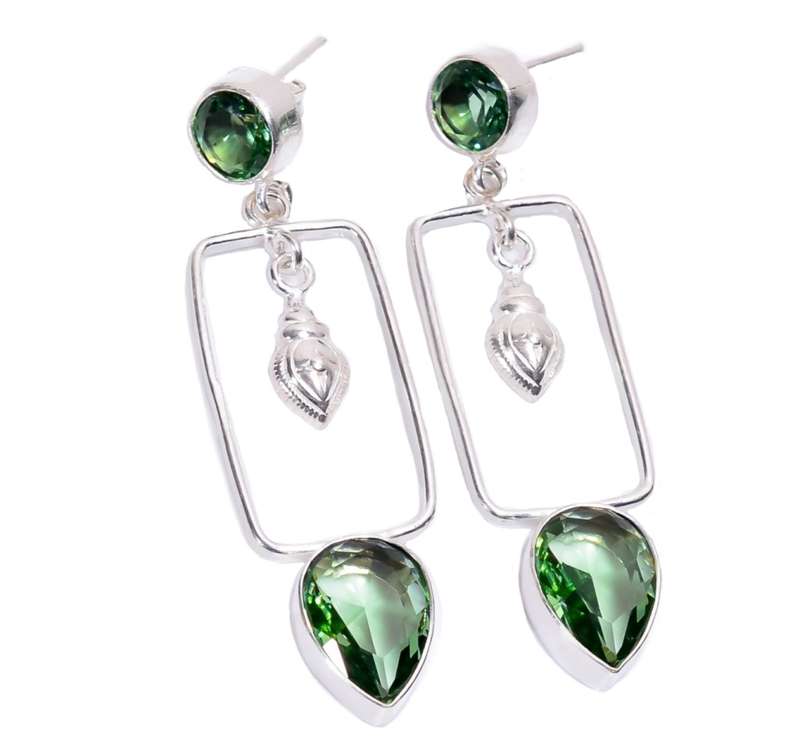 Green Amethyst Pear Gemstones set in .925 Sterling Silver Plated Long Stud Drop Dangle Earrings