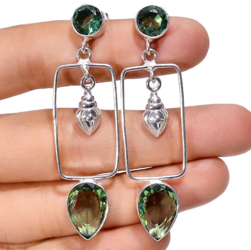 Green Amethyst Pear Gemstones set in .925 Sterling Silver Plated Long Stud Drop Dangle Earrings