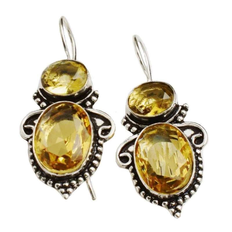 Antique Style Sunny Citrine Oval set in .925 Sterling Silver Plated Handmade Earrings