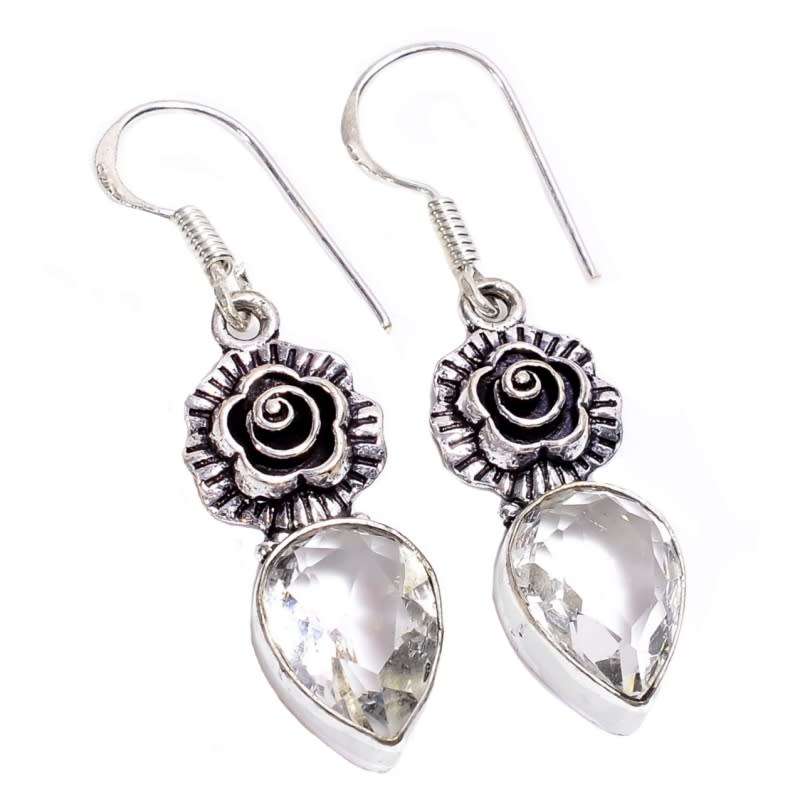 White Topaz Marquise and Pear Shapes set in .925 Sterling Silver Plated Antique Style Pendant