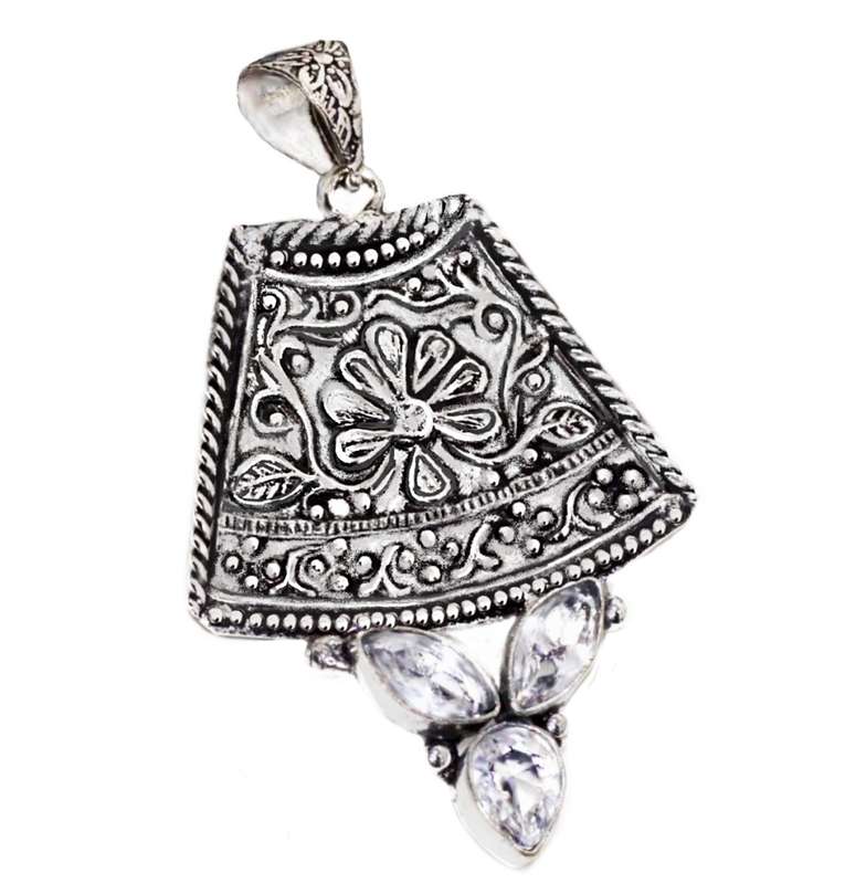White Topaz Marquise and Pear Shapes set in .925 Sterling Silver Plated Antique Style Pendant