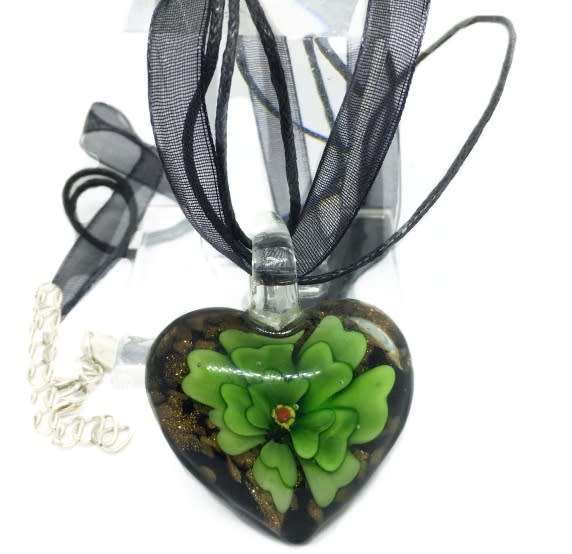 Handmade Green Floral Murano Glass Heart Pendant on Black Organza and Chord Necklace