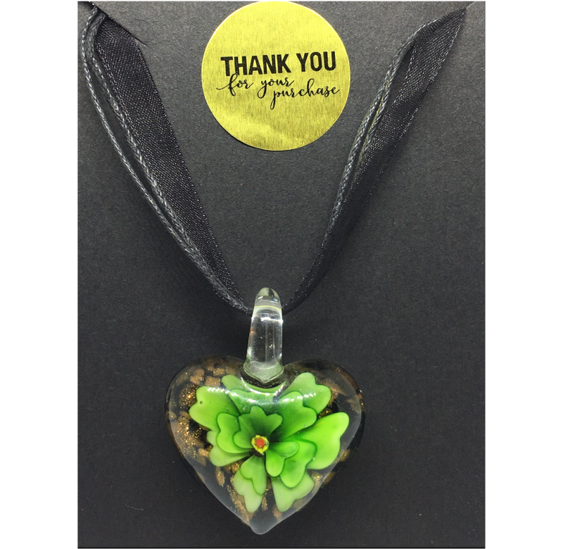 Handmade Green Floral Murano Glass Heart Pendant on Black Organza and Chord Necklace