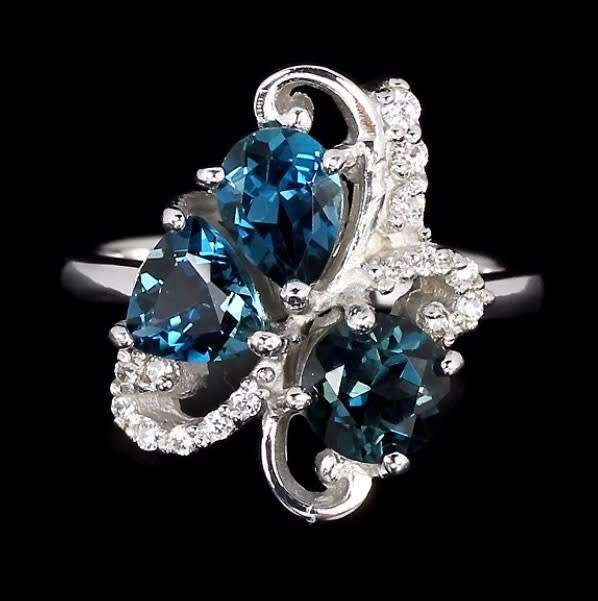 Deluxe 3 cts Natural London Blue Topaz White Cz Solid .925 Sterling Silver Size US 7 or O
